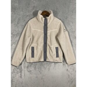 L.L.Bean Fleece Jacket Sz M Cream Gray Sherpa Snap Front Codigo 1530 Logo Cozy